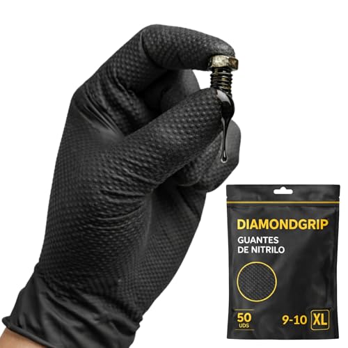 AFA Prime 50XGuantes Doble Diamantado Desechables Nitrilo Negro– Profesionales hasta 10,4 gramos Triple Resistencia | Guantes Trabajo para Taller, Industria, Limpieza y Hogar | XL