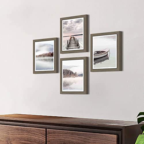 Framed Bedroom Lake Wall Art: Calming Bathroom Living Room Pier Picture Relaxing Foggy Forest Mountain Scene Print Decor Sunrise Nature Landscape Painting 4 Piece Small Vertical Dock Boat Artwork #TOP4