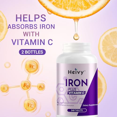 Image of Heivy Ferrous Sulfate 325mg (Iron 65mg), High Potency Iron Supplement for Women and Men, Iron Pills with Vitamin C, Non-GMO - 240 Tablets (2 Pack) Made in USA