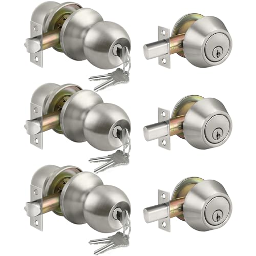 BESTTEN 3 Pack Keyed Alike Exterior Door Knobs and Single Cylinder Deadbolts Combo Set Satin Nickel Entry Door Knobs with Locks and Keys for Entrance and Front Door