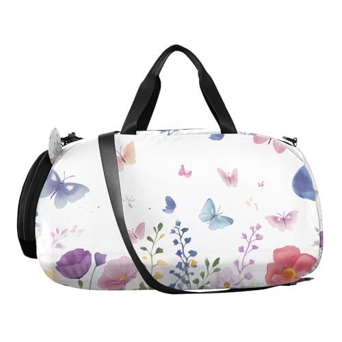 Duffle Bag for Boys or Girls with Shoes Compartment, Butterfly Blossom Flowers Sports Travel Bag Overnight2