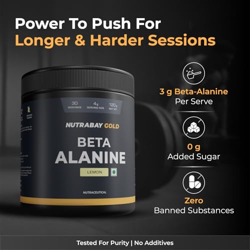 Nutrabay Gold Beta Alanine Supplement Powder 120g, Lemon Flavor – Pre Workout Amino Acid for Endurance & Fatigue Reduction