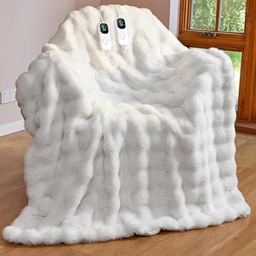 Image of IUUI Electric Heated Blanket King 90''x100'',Luxury Faux Rabbit Fur Heating Throw Blankets,Fast Heating with 1 /2 /4 /6 /8 /10 Hours,Overheat Protection, Quick Heating, Memory Function, Gift-Ready Design