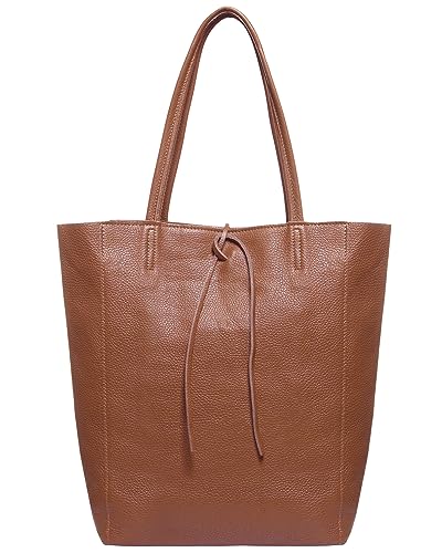 Image of Genuine Italian Leather Tote Bag for Women, Large Slouchy Purse, Brown | Unstructured bag, raw unlined interior with zip pocket, top zipper, side ties, folds flat, fits a 16-inch laptop, lightweight