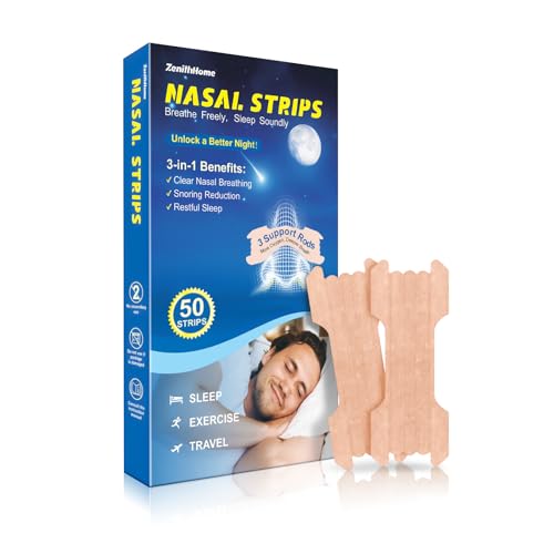 ZenithHome Nasal Strips, Snoring Aids for Men and Women, 50 Pieces Nose Strips Anti Snoring Devices, Help Improve Breathing, Reduce Snoring, Relieve Nasal Congestion, Drug-Free, Deeper Sleep.