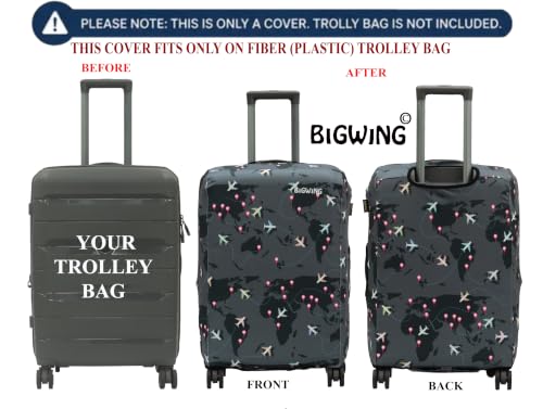 Image of BIGWING Protective Cover in Polyester Fabric with Map Print for | Medium Size 24' inch | Hard Luggage Trolley Bag Cover (Fits Only On Fiber - Plastic Trolley Bag) Grey Color