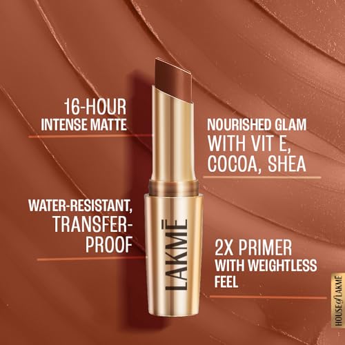 Image of Lakme Powerplay Priming Matte Lipstick, Smooth Matte Finish, Lightweight Lipstick, Smudgeproof, Lasts 16hrs, Hydrates Lips, Rustic Brown, 3.6g (Pack of 2)