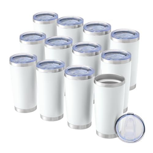 OMTech 20oz Tumblers Bulk, 12pc Stainless Steel Tumbler Set with Lid & Straw, Double Wall Vacuum Insulated Mug for Laser Engraver, Travel Coffee Mug for Hot & Cold Drinks, White Powder Coated Cup
