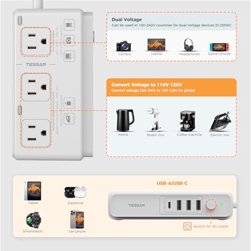 Image of TESSAN Voltage Converter US to Europe, 220 to 110 Voltage Converter | Universal Travel Adapter, 4 USB Ports (1 USB C), 3 AC and EU UK AU IT in ZA Plug Power Adapter, Step Down Transformer, 4 FT
