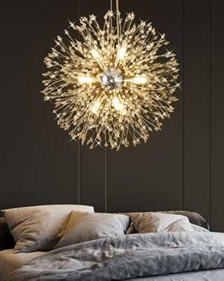 ofeankri Dandelion Cyrstal Chandelier with G9 LED Bulbs, 8-Lights Chrome, Modern Firework Chandelier, Dandelion Pendant Lamp for Dining Room, Living, Kitchen, Hallway, Foyer, Bedroom