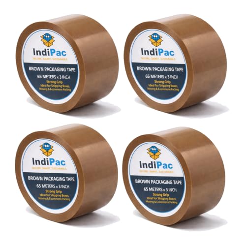 Image of Indipac BOPP Cello Tape 65m Roll - Heavy Duty Sealing Tape for Carton Box Packing, Warehouse, Industrial, Office & Ecommerce Packaging (Pack of 4) Brown, 3 Inch