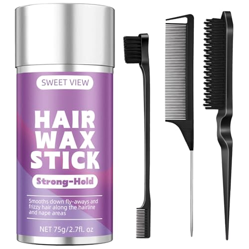 SWEET VIEW Cera para el cabello en barra y cepillo para el cabello para alisar los cabellos rebeldes, cola de caballo elegante, moño, accesorio para el cabello para mujeres, niñas y niños