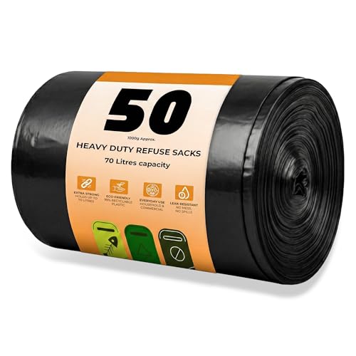 Scott 11 Black Bin Bags 50 Pack Refuse Sacks 70L 30 Microns Leak-Resistant Tear-Proof Eco-Friendly Bin Liners Ideal for Home Garden Office and Commercial