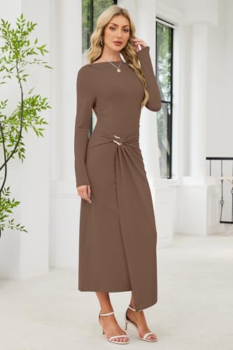 Women's Long Sleeve Bodycon Maxi Dress Elegant Mock Neck Ruched Waist Formal Wedding Guest Cocktail Party Long Dresses4