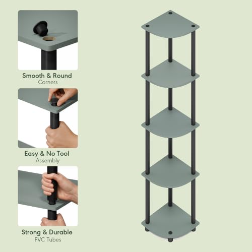 Image of Furinno Turn-N-Tube Toolless Assembly 5-Tier Storage Shelves, Sage Green | Green Corner Shelf, Open Storage Book Shelf, for Organization and Storage, Living Room, Home Office, Bedroom
