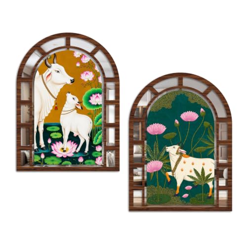 Image of Artvibes Pichwai Jharokha Mirror | Traditional Wall Hanging Decoration Item for Living Room, Hall & Bedroom | Gift for Festival (WH 12001N), Set of 2
