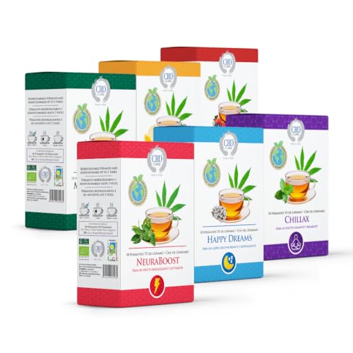 Pack Degustación de Infusiones Ecológicas de Cáñamo – 6 Variedades | 60 Pirámides Biodegradables | Frutas, Menta, Rooibos, Lavanda, Matcha | Producto Orgánico