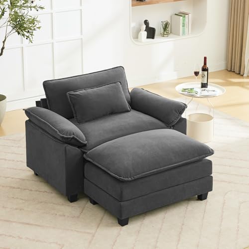 Image of 53 inch Modular Sectional Sofa, Comfy Deep Cloud Couch with Ottoman | Couches for Living Room, Sofa Bed, Modular Couch, Deep and Wide Seat, Velvet Sofa Sleeper with Throw Pillows, Blue Grey