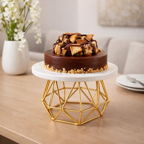 Image of Premium Metal Cake Stand with White Tray & Gold Finish Base | Elegant Dessert Stand for Cakes, Cupcakes, Pastries & Fruits | Decorative Serving Platter for Home, Parties & Gifting