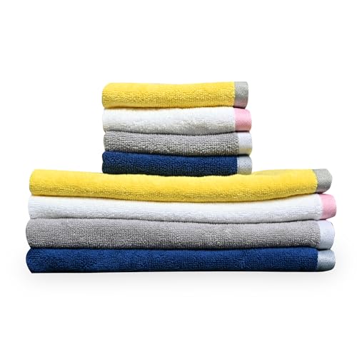 Image of Divine Casa Cotton Hand & Face Towel Set of 8 (500 GSM) | Ultra Soft & Highly Absorbent Towels Combo | 4 Hand Towels (40x60 cm) & 4 Face Towels (30x30 cm) | Yellow, Blue, Grey & White