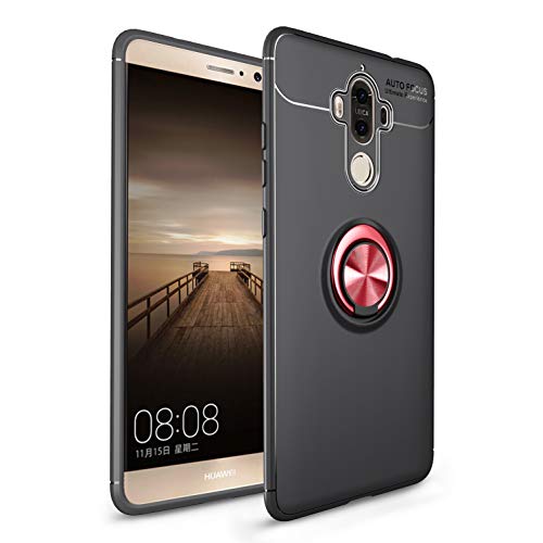 LUCKY Funda Huawei Mate 9 Case, 360 Grados Caso Carcasa Case Cover Skin móviles telefonía Silicona Líquida Fundas Magnético Coche Kickstand Carcasa rotación Metal Anillo Soporte cajapara-Negro + Rojo