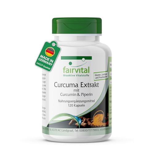 Fairvital | Kurkuma Kapseln - 500mg Curcuma Extrakt pro Kapsel - 120 Kapseln - HOCHDOSIERT - Curcumin 95% mit Bioperin (Piperin)