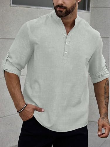 Image of GRECIILOOKS Kurta for Man | Shirt for Man Regular Fit | Mens Casual Shirts | Linen Shirt for Man's | Full Sleeve Shirts for Mens Stylish | Mandarin Collar | Kurta Placket Style