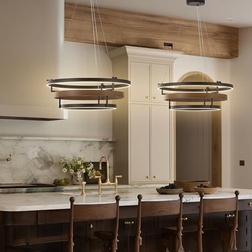 Image of KARTOOSH Modern LED Chandelier with Remote, Dimmable Ring Pendant Light Walnut Wood Black Circular Chandeliers for Dining Room Living Room Entryway Bedroom Office