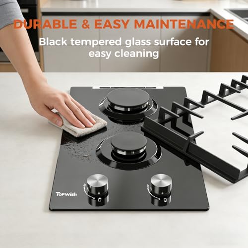 Image of TOPWISH 12 Inch Gas Cooktop 2 Burner, Propane Stove Top 18,000 BTU Black Tempered Glass LPG /NG Convertible Dual Fuel Built-in Natural Hob with Thermocouple Protection for Rvs Kitchens Apartment Indoor
