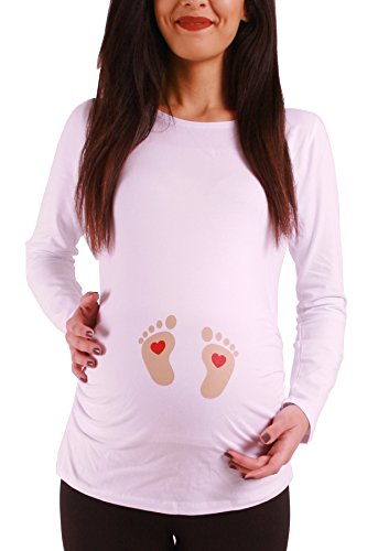 M.M.C. Piedi di Bebè con Il Cuore - Premaman Abbigliamento Donna Magliette Premaman T-Shirt Divertente Gravidanza - Maniche Lunghe maternità (Bianco, Large)