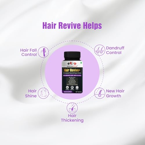 Image of Growfitz Hair Revive+ | Ayurvedic & 100% Natural | Hair Growth, Skin, Nails | For Men & Women - 30 veg tablets (Pack of 2)