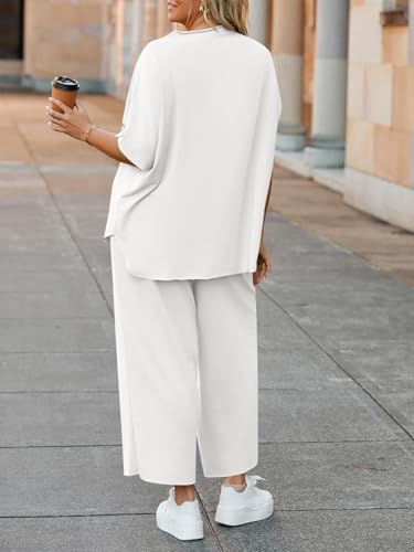 Image of Beautife Women's Plus Size 2 Piece Outfits 3 /4 Batwing Sleeve Capelet Crew Neck Pullover Top Wide Leg Pants Lounge Set
