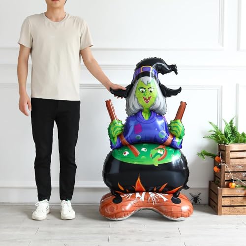 Image of AMFIN (Pack of 1) Self Standing Halloween Witch Cauldron Foil Balloon - 44 Inch Large Inflatable Witch with Cauldron Decoration -Multi