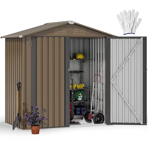Image of DWVO 6x4ft Outdoor Storage Shed, Lockable Metal Tool Storage Sheds, Waterproof Garden Sheds with Vents for Backyard, Patio, Garage, Lawn, Brown