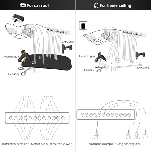 Image of Split Car Starlight Headliner Kit, 4 Colors 12W Meteor Fiber Optic Star Ceiling Lights, 1200pcs*0.02in*9.8ft+240 RGBW Shooting Stars Lights for Car Home Theaters Roof Decor