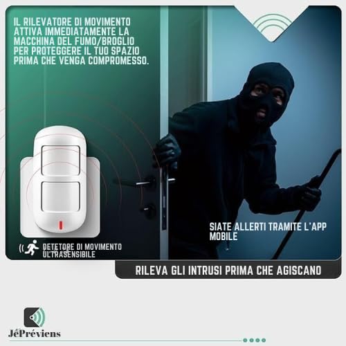 Generatore di Nebbia Anti-furto JePréviens con Rilevatore di Movimento, Sistema Anti-intrusione senza abbonamento, Compatibile SmartLife/Tuya, Copre fino a 100 m³