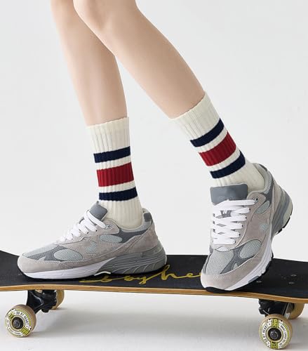 Image of 3 Pairs Women Striped Tube Socks Fun Novelty Cute Crew Socks Retro Sport Mid-Calf Socks for Women Grils