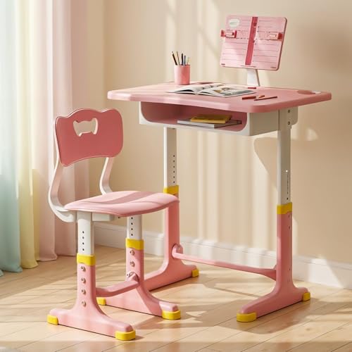 Image of BAYBEE Study Table with Chair for Kids 2+ Years Boys & Girls | 3 Level Height Adjustable Baby Desk Table Set | Ergonomic Kids Table Desk Chair with Book Storage, Tablet, Pen & Bottle Holder (Pink)