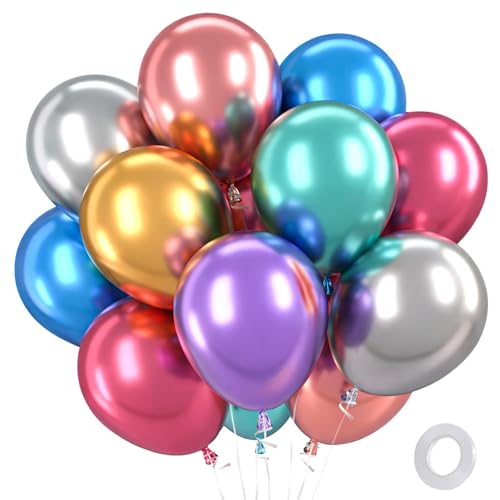 QIFU Ballons Métallique Multicolores - 100 Pièces Ballons Anniversaire Multicolores Rouge Bleu Rose Gold Vert, Ballon Latex Hélium Pour Decoration...