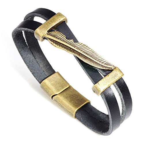 Vioness Bracelet Homme en Cuir Alliage Bronze Plume Double Couches Croisé Fermeture Aimanté Rétro Bijoux - Noir Cover