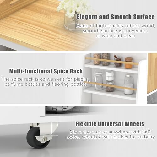 Image of NSdirect Kitchen Island with Storage,Rolling Kitchen Island on Wheels Portable cart Rolling with Spice Racks Towel Holder Utility Trolley with Wood Tray for Home Hotel Kitchen Dinning Room,White