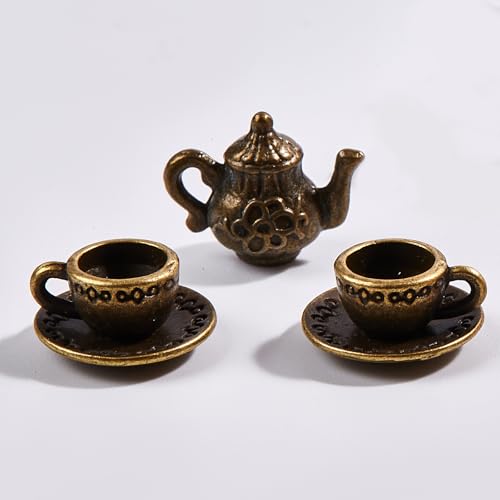 3 Pcs Miniature Tea Cup Set 1:12 Dollhouse Vintage Metal Teapot Coffee Shop Kitchen Accessories Decor, Mini Cups and Teapot(Copper)