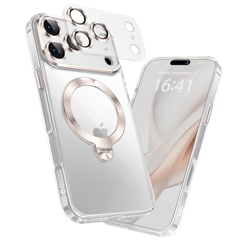 MEIKKS【カメラ完全保護・360°回転スタンド】iPhone 17 Pro 用 ケース 【メッキ加工・金属質感・透き通る上質感・耐衝撃】Magsafe対応 磁吸機能 ワイヤレス充電 縦横自立 角度調整可能 ストラップホール付き おしゃれスマホケース（iPhone 17 Pro,クリア&さきん）の商品画像（Amazon）