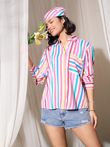 Image of barcino Pink Multi Stripes Pocket Detail Oversized Shirt