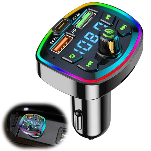 Bluetooth Car Adapter, Q7 FM Wireless Bluetooth Transmitter, PD20W Fast Charger, Dual USB Ports (4.8A & 1A), Hands-Free Calling, Support TF Card & USB Flash Drive[Light Switch] [HiFi Bass Sound]