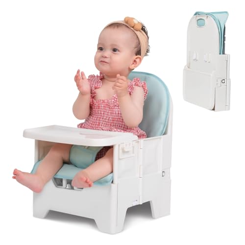 Image of BABELIO Travel Booster Seat for Upright Posture, Compact Folding Floor Seat with PU Waterproof Cushion, Great for Baby, Dining Table, Camping, Beach, Mist Green