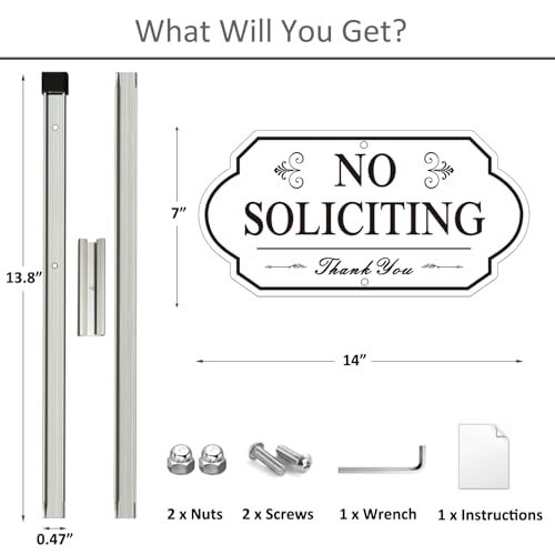 Image of Heavy Duty No Soliciting Sign for House - All Metal Construction No Soliciting Yard Sign - 14 inch x 7 inch - Aluminum - with 28 inch Long Stake (BLACK and WHITE)