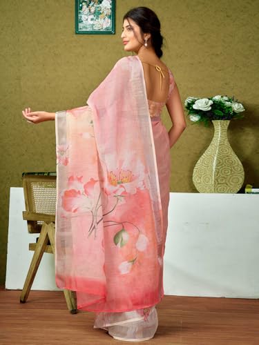 Image of Satrani Women's Linen Printed & Zari Border Ready To Wear One Minute Pre Pleated Readymade Saree with Unstitched Blouse Piece