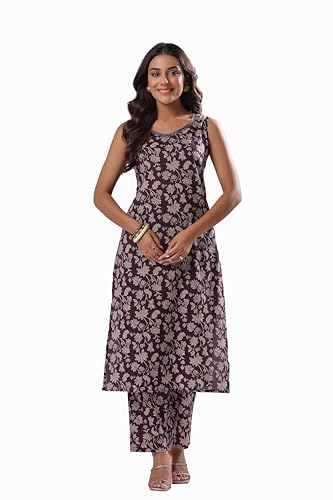 Image of Women's Cotton Wine Floral Kurta Set
