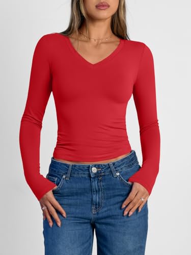 Image of Trendy Queen Womens Long Sleeve Shirts 2026 Fall Fashion Basics Crop Tops